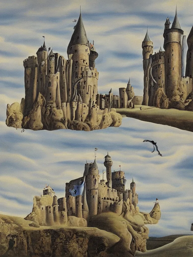 Image similar to a painting of a medieval castle alone on a flat empty plane painted in the style of Salvador Dali, surrealism