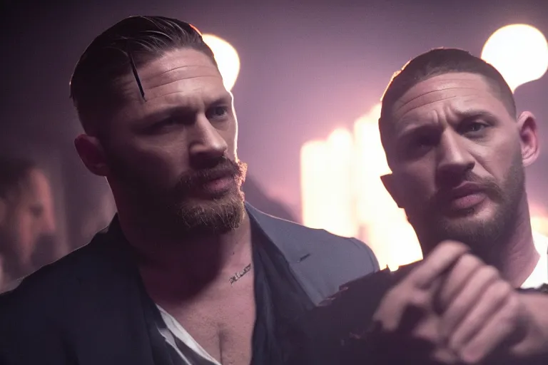 Prompt: film still of Tom Hardy as Max Payne in a nightclub with bright contrasting strobe lights in the Max Payne movie, 4k