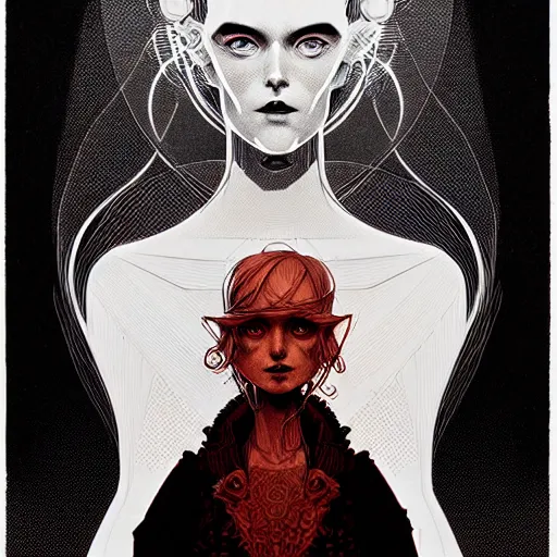 Prompt: portrait top light, by killian eng and joe fenton and martin deschambault and conrad roset, inspired by city of lost children, red and grey only, etching, fine, sharp high detail,