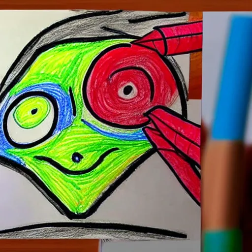 Prompt: children's drawing of a generic alien being drawng with crayons