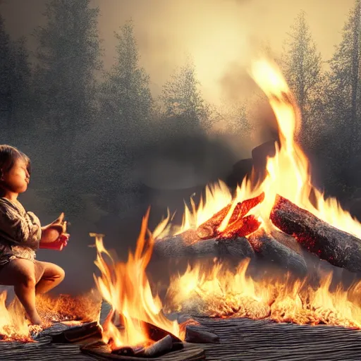 Image similar to child sitting in front of Arabian camp on fire ,hyper realistic 3d render
