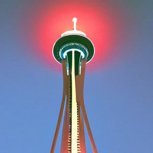 Prompt: Toronto space needle tourist guide with planet mars as a head, dramatic cinematic lighting