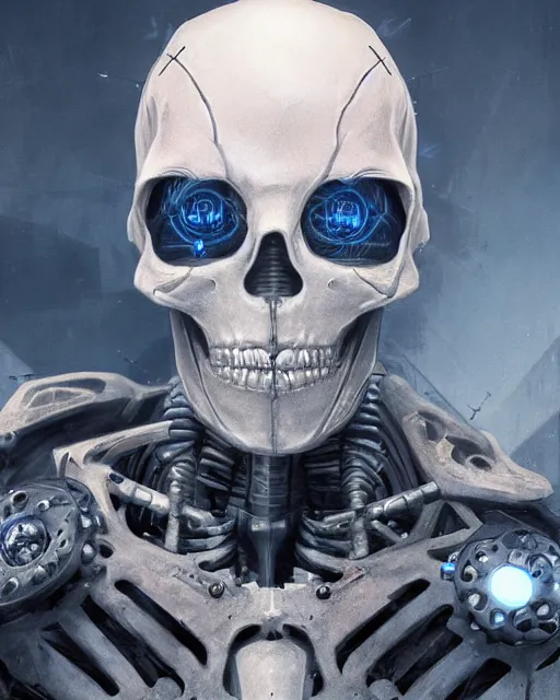 Image similar to skeleton with cybernetic enhancements with some flesh as seen from a distance, scifi character portrait by greg rutkowski, esuthio, craig mullins, 1 / 4 headshot, cinematic lighting, dystopian scifi gear, gloomy, profile picture, mechanical, half robot, implants, solarpunk