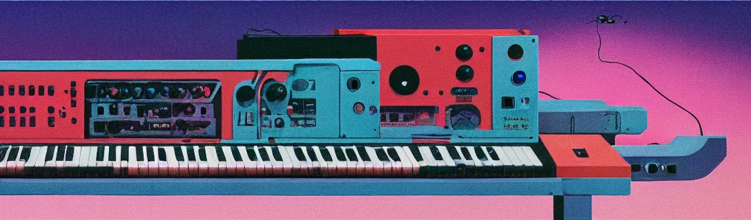 Prompt: a synthesizer in cassette futurism, added modeled around the keyboard, tactile buttons and lights, a large patch bat with hanging colored patch leads roland, moog, arp by moebius, edward hopper and james gilleard, zdzislaw beksinski, steven outram, hd, 8 k, artstation, ultra detailed, high definition