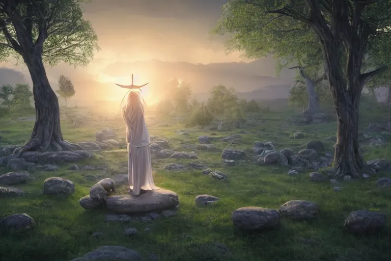 Prompt: scene with a beautiful realistic blond priestess, 30 years old woman, praying, standing in front of an altar in an antic sanctuary, horizon at dawn, some clouds, runic stones and columns in the background, some oak fantasy trees, cinematic light, digital painting by Magali Villeneuve and wlop, atmospheric effects, fireflies, 4K, octane render, artstation, deviantart