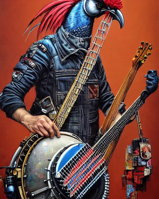 Image similar to a portrait of an anthropomorphic cyberpunk rooster picking on a banjo by sandra chevrier, by jon foster, detailed render, tape deck, epic composition, cybernetics, 4 k realistic, cryengine, realistic shaded lighting, sharp focus, masterpiece, by enki bilal