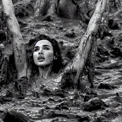 Image similar to film still, close up, gal gadot rising out of muddy vietnam river, face covered in mud, low camera angle at water level, night time, film still from apocalypse now ( 1 9 7 9 ), 2 6 mm.