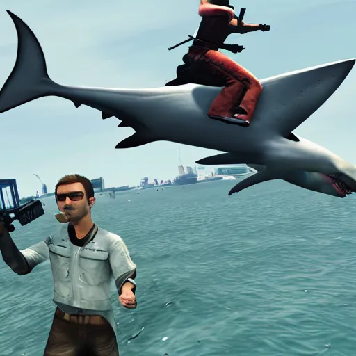 Prompt: a shark commiting grand theft auto