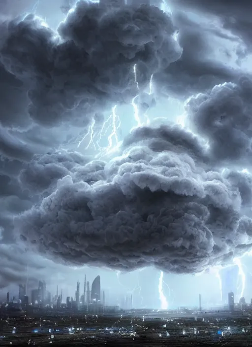 Image similar to a huge stormcloud made of electric waste concept art, dystopic, unreal, cineastic