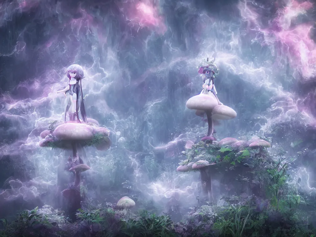 Image similar to cute fumo plush of a gothic maiden girl, inverse color, overdose, overgrown flooded mystical mushroom forest temple, mysterious ritual over tempestuous stormy water, wisps of volumetric vortices of glowing smoke and fog, vignette, vray