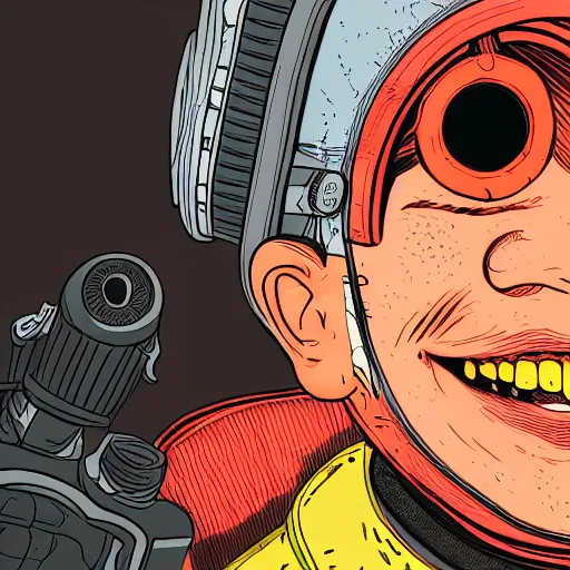 Prompt: in the style of max prentis and deathburger and laurie greasley a fish eye lens close up of a smiling young explorer wearing a cyberpunk headpiece, highly detailed, intricate details, vibrant, 8k wallpaper