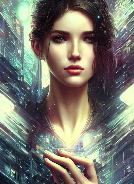 Image similar to beautiful young woman, gorgeous face, sad eyes, tears, bladerunner city landscape, cybernetic, wires, technology, vaporwave aesthetic, synthwave, intricate, elegant, highly detailed, digital painting, artstation, concept art, smooth, sharp focus, illustration, art by artgerm and greg rutkowski and alphonse mucha