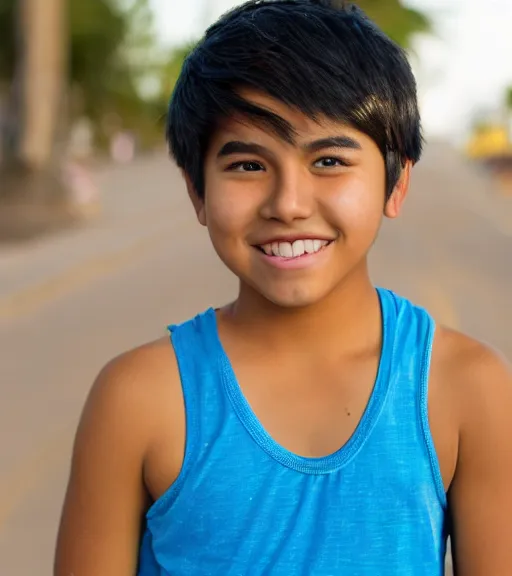 Image similar to a professional portrait of a teenage hispanic - filipino girl with a sporty flair, mahogany eyes, dyed rainbow hair in a pixie cut, a blue tank top, a confident smile, small stature, adorable, athletic, warm brown eyes
