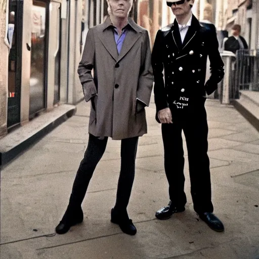 Prompt: David bowie and Michael c hall standing in the streets, nightlife, cityscape, surrealist