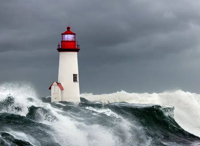 Prompt: lighthouse in a storm. lonely, churning waves, splashing on lighthouse. warm lighting