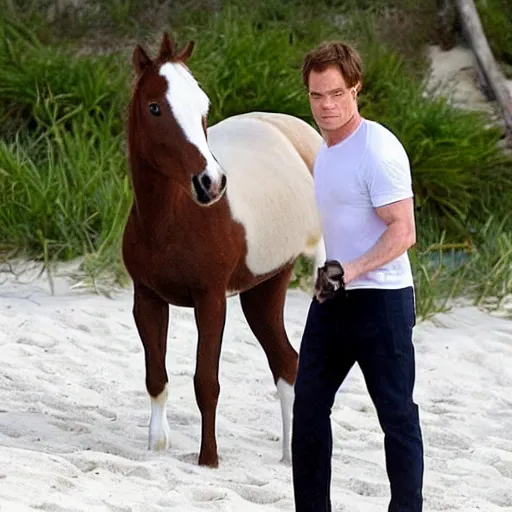 Prompt: michael c hall as dexter morgan riding a mini horse on the beach in miami