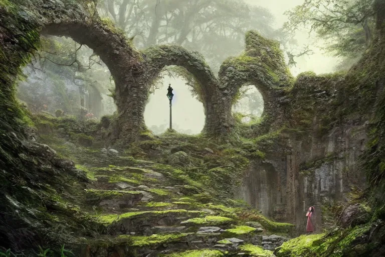 Prompt: a beautiful picture of under the mossy city gate great roots spread over the stone floor, a girl in hanfu, by greg rutkowski and thomas kinkade, trending on artstation