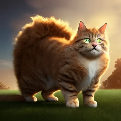 Image similar to colossal fluffy tabby cat going super saiyan, golden hour, fantasy, sharp focus, digital art, hyper realistic, 4 k, unreal engine, highly detailed, hd, dramatic lighting by brom, trending on artstation