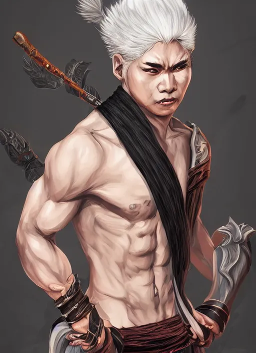 Image similar to a highly detailed illustration of short white hair parted down middle fierce asian man, wearing hakama, with black sclera eyes, heroically battle posing, muscular, intricate, elegant, highly detailed, by greg rutowski, centered, digital painting, artstation, cgsociety, concept art, smooth, sharp focus, league of legends concept art, WLOP