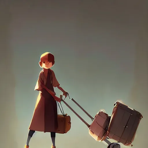 Prompt: goro fujita ilustration heerful girl taking the suitcases out of her house, characterized by masamune shirow, by greg rutkowski., character art, sharp focus, highly detailed, artstation