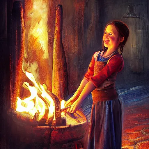 Image similar to the blacksmits’ daughter working in the forge, a smile at her face, dramatic light, fire, fantasy art in the style of Lilia Alvarado,