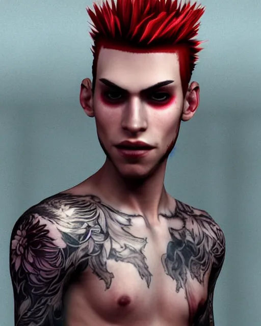 Image similar to young man with a short red dyed mohawk, red irises and a slim face, piercings, dressed in crustpunk clothing, headshot, attractive, handsome, model, trending on artstation, high quality art, character design, realism art, award winning art, in color, no makeup, no tattoos