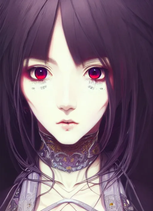 Image similar to portrait of beautiful young gothic anime maiden, cute-fine-face, pretty face, realistic shaded Perfect face, fine details. Anime, cyberpunk, Warhammer, highly detailed, artstation, illustration, art by Ilya Kuvshinov and Gustav Klimt