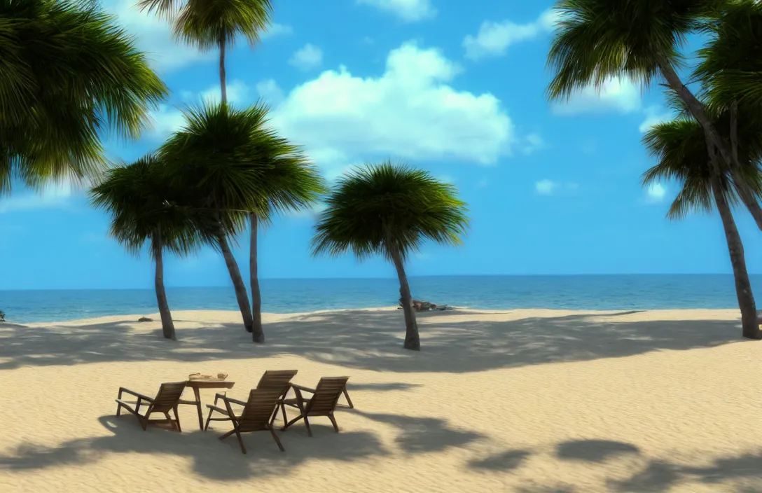 Image similar to on the beach by the sea, afternoon, unreal engine rendering