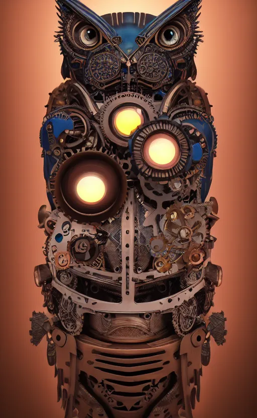 Image similar to steampunk tribal mask, robot, owl, japanese pottery, vivid colors, wood, metal, intricate details, trending on cgsociety, concept art, glowing eyes, sharp focus, ultra realistic details, cinematic atmosphere, global illumination, shadows, octane render, 8 k