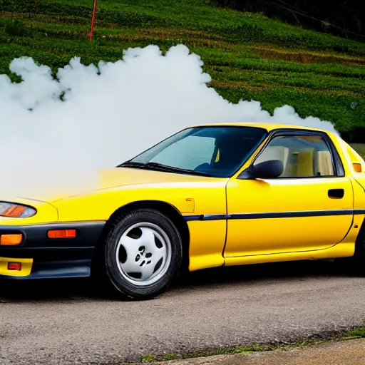 Image similar to Yellow 1993 Mazda RX7 drifting through quindio\'s mountains with a cloud of white smoke coming out of the rear tires, photography, 8k