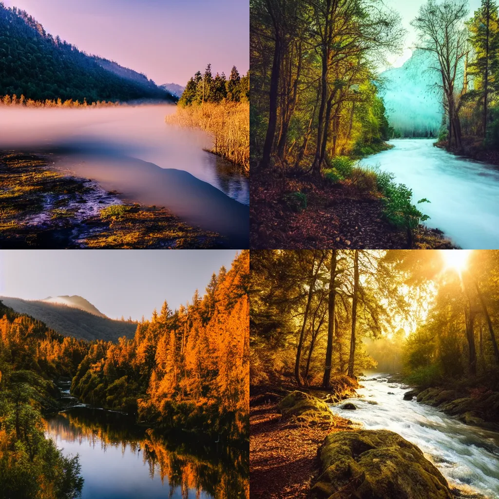 Prompt: beautiful photo of a river in forest, slight fog, blue sky, mountains the background, golden hour photography, in the style of Zach Doehler