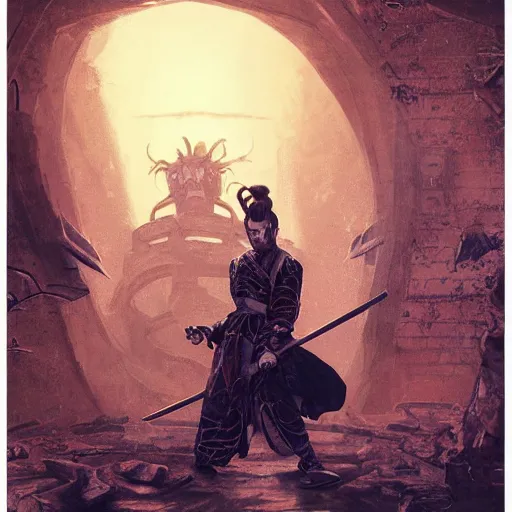 Image similar to samurai jeff goldblum in abandoned castle, by frank fazetta and peter mohrbacher, hq artwork, coherent, insane detail, concept art, character concept, character full body portrait, golden ratio, rule of thirds, highly detailed, cinematic lighting, global illumination radiating a glowing aura