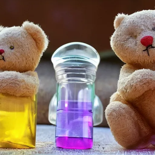 Image similar to Teddy bears mixing sparkling chemicals as mad scientist