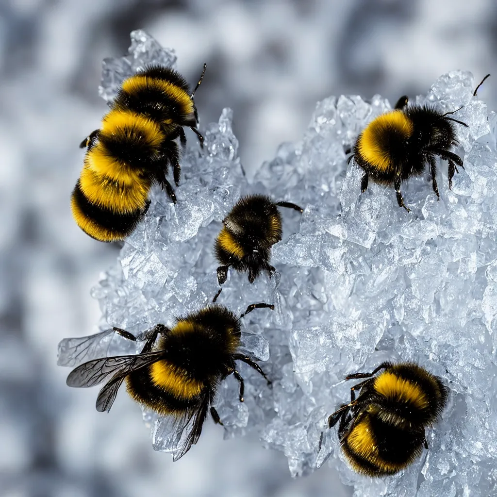 Image similar to a nature photograph macro shot of a bumblebee pollinating a frozen ice flower. snow in the background