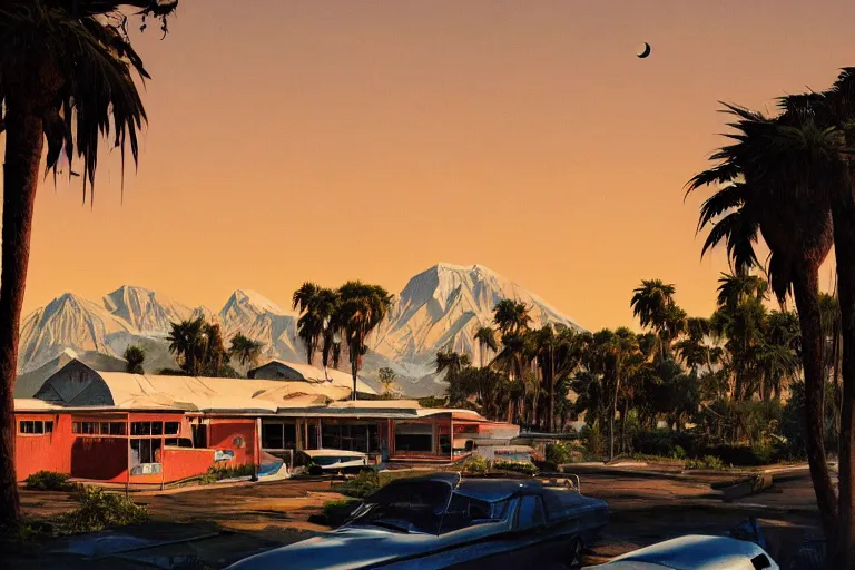 Image similar to natural american landscape | abandoned motel | palm trees | snowy mountains | moon in sky, painting by syd mead and weta studio and moebius and james jean and frank frazetta, highly detailed, rule of third, soft lighting, 8 k resolution, oil on canvas, architectural magazine, beautiful detailed, insanely intricate details, artstation trending, hypermaximalistic, high details, cinematic