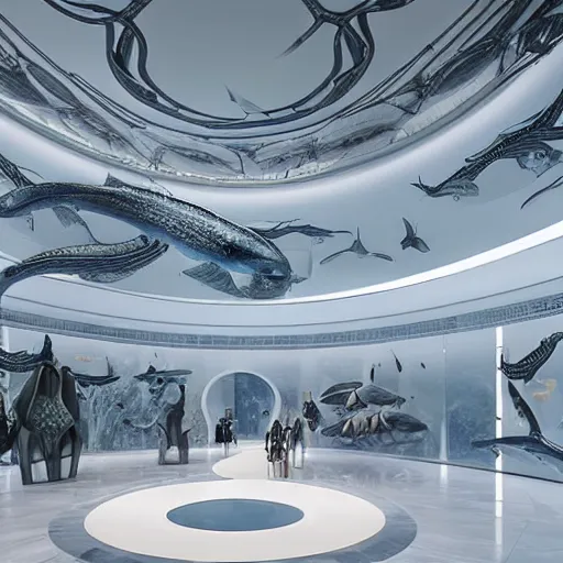 Image similar to extremely detailed ornate stunning beautiful futuristic museum lobby interior for aquatic life theme with large aquariums as the walls by Zaha Hadid