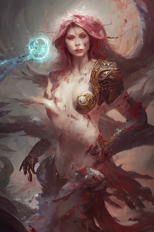 Image similar to beautiful girl sorcerer exploding with blood and ice, casting magic spell, angel, fantasy, magic the gathering, hyper detailed, 3 d render, hyper realistic detailed portrait, peter mohrbacher, wlop, ruan jia, luis royo