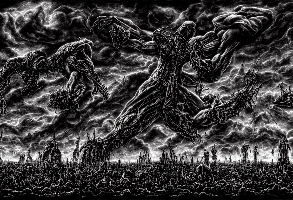 Image similar to dark burning sky with suffering shadows of dead humans with arms outstretched towards the sky, crushed souls under machines of hate, rivers of blood, nuclear waste, hell fire , under the eye of evil and monstruos alien god, blood incantation, revelation of death, radiation, sickness, disease, plague, fantasy, intricate, elegant, highly detailed, digital painting, artstation, concept art, smooth, sharp focus, octane render, dramatic lighting, volumetric lighting, cinematic lighting, art by artgerm and greg rutkowski and alphonse mucha and wlop