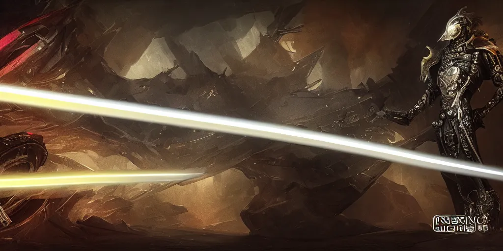 Image similar to legendary cybernetic full long sharp sword lying flat on a glowing table with a black and iridescent sword blade, digital award winning hd matte painting, intimate dark moody, intricate, ornate spikes, colorful gems on hilt, detailed realistic raytraced blade, future golden technological pommel, in the style of greg rutkowski and krenz cushart, deviantart