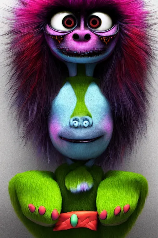 Prompt: 3 d model of a cute sinister vibrant colored alien with long fur and souless eyes by alexander jansson : 1 | centered, psychedelic, colorful, matte background : 0. 9 | by jim henson : 0. 7 | dave melvin : 0. 4 | unreal engine, deviantart, artstation, octane, finalrender, concept art, hd, 8 k resolution : 0. 8