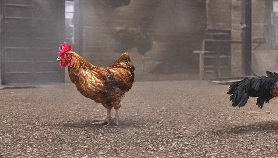 Prompt: a Chicken with a shotgun running after a man, 4k photography award winning,