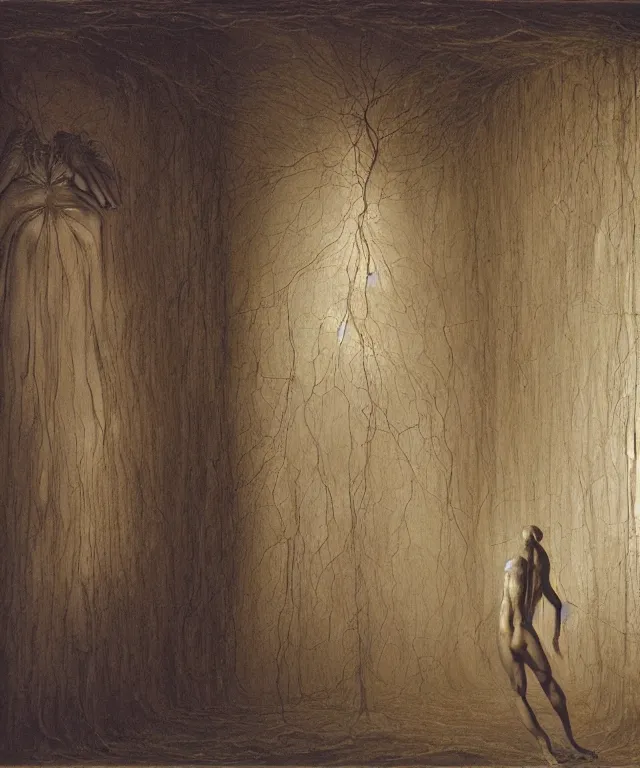 Image similar to The room without doors and windows with beautiful full-body wax sculpture of a glowing transparent woman with visible golden bones inside it in the singularity where stars becoming baroque folds of dark matter by Michelangelo da Caravaggio, Nicola Samori, William Blake, Alex Grey and Beksinski, dramatic volumetric lighting, highly detailed oil painting, 8k, masterpiece