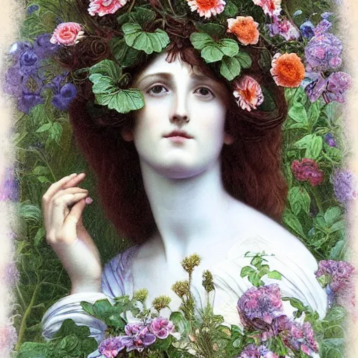 Image similar to Beautiful Pre-Raphaelite goddess of nature in the style of John William Godward, close-up portrait, in focus, flowers and plants, etheric, moody, intricate, mystical,