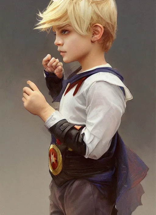 Image similar to a little boy with a mischievous face and short straight blonde hair. he is dressed as a superhero. clean elegant painting, beautiful detailed face. by artgerm and greg rutkowski and alphonse mucha