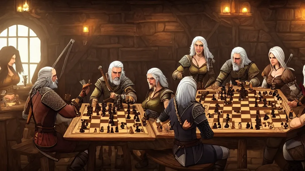 Prompt: Geralt of Rivia, yennefer, triss and Ciri playing chess in a tavern. geralt de rivia and ciri play at a table in the middle of the tavern, pixel art by Gerardo Quiroz, devian art, 4k