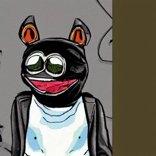 Image similar to pepe the frog head from 4chan on the body of a cartoon dog wearing a leather jacket and jeans