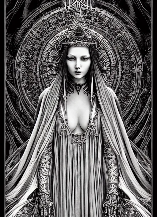 Prompt: beautiful priestess girl tarot card portrait, biomechanical, intricate artwork masterpiece, majestic, elden ring cinematic lighting, volumetric 8 k, by apollonia saintclair, josan gonzalez, zdizslaw beksinski, edmund leighton, kilian eng, trending on cgsociety, 8 k