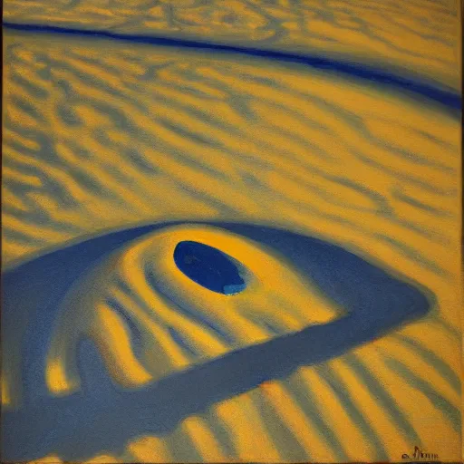 Image similar to a fauvist painting of a strange metallic object poking out from the sand, late evening light