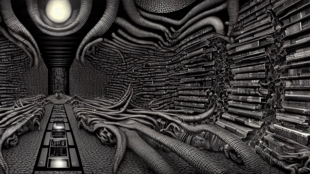 Prompt: infinite library, hyperdetailed, artstation, cgsociety, style of Giger, H. R. GIGER, style of Junji Ito, 4K, highly detailed, minimalistic, minimalistic, minimalistic, fine tuned, machina