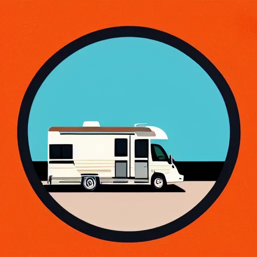 Image similar to very very very stylized minimal vector graphic of a thor chateau motorhome, hills and sunset, white background, all enclosed in a circle, professional minimal graphic design cartoon